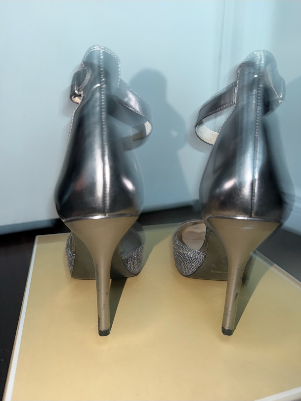 Michael Kors Metallic Silver Glitter Pointed-Toe Ankle-Strap Heels - Picture 8 of 14